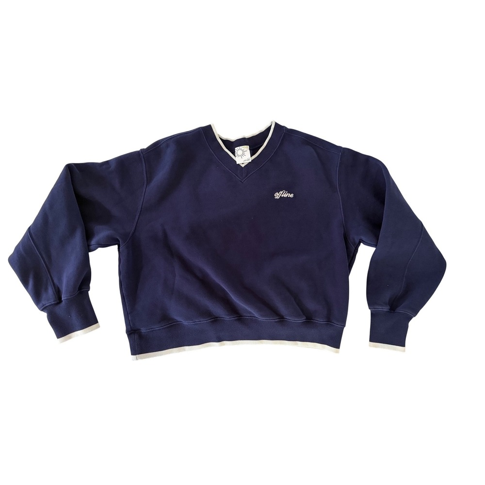 Offline by Aerie Navy Blue V-Neck Sweatshirt White Trim Script Logo Large